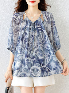 Áo Sơ Mi Voan in Họa Tiết Cổ Chữ V Tay Lửng Mùa Hè 2025 Cho Nữ Dáng Rộng Đa Năng Chất Liệu Polyester Phong Cách Công Sở