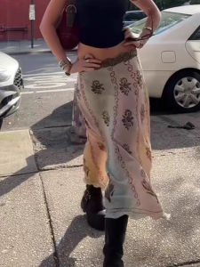 High Waist Floral Print Half Skirt Womens Retro Style Vintage Summer 2025 Unique Bland System Skirt Straight Cut Thin Material