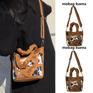 Retro Dog Print Canvas Bucket Bag Single Shoulder Crossbody Bag for Women Spring Summer Fashion Cute Pet Theme Handbag