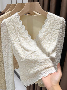 เสื้อชั้นในลูกไม้คอวีบุขนแกะหนาสำหรับผู้หญิง เสื้อชั้นในแบบสั้นเข้ารูป เสื้อชั้นในแบบเนื้อนุ่มสวมใส่สบาย ฤดูใบไม้ร่วง/ฤดูหนาว