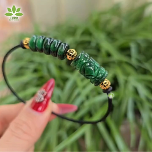 Q2476 Vòng lu thống trúc khắc ngũ điếu Cẩm Thạch Sơn Thủy mix 3 bi kim tiền ko kén mệnh - Phong Thủy TUDO
