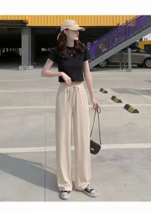 Womens High Waist Wide Leg Pants Ice Silk Casual Trousers Autumn Season Drawstring Straight Leg Pants Hand Ironed Pleats