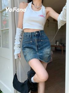 Váy Ngắn Denim Cạp Cao Cho Nữ Mùa Hè 2024 Váy Ngắn Chữ a Chống Ánh Sáng Mới Váy Ngắn Cotton Pha Trộn Dáng Chữ a