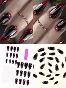 24pc/set fake nails for women gilrs black red colors with rhinestones glitters Almond shape full cover press on false nail set
