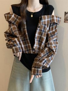 Design Sensation Long Sleeve Plaid Shirt for Women Loose Fit Asymmetrical Patchwork Fake Two-Piece Baby Siyue Work Clothing Spring/Autumn Season Large Size