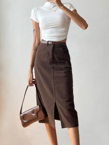 Wsstudios American Retro High Waist Slim Looking Front Slit Straight Mid-Length Denim Skirt for Women