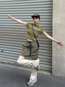 Adjustable Utility Short Skirt Womens Outdoor Vintage Patchwork Slim A-Line Skirts Green Workwear Mini Skirt Summer Fashion