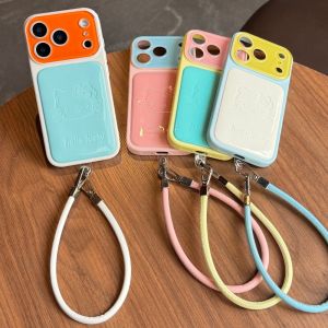 Sanrio | Cute Hello Kitty Embossed Leather Phone Case With Hand Wrist Strap Soft Shockproof Cover For iPhone 17 16 15 Pro Max For Girly