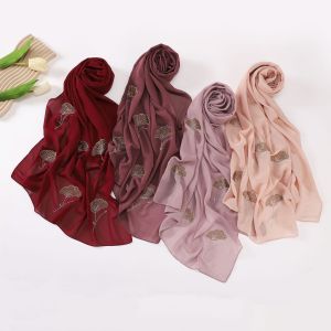 Jifang Shimmer Colorful Gold Czech Crystal Rhinestone Ginkgo Leaf Plain Bubble Chiffon Shawl Hijab Pashmina Scarf Muslim Shawls QT02