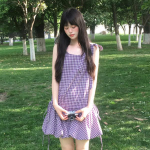 Y6Y | French Purple Check Strap Summer New Petite Dress 2026
