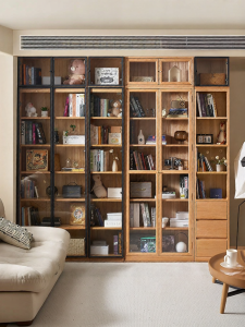YUANSHI YUANSU | Solid Wood Glass-Door Full Wall Tall Bookcase Display Cabinet