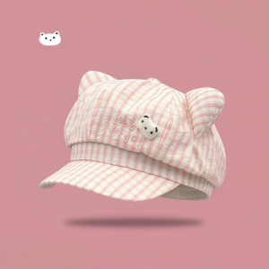 Cute Cartoon Bear Gingham Beret Hat Spring/Summer Thin Fit Small Face