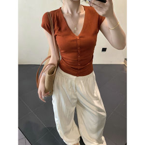 Sweet Korean Style V-Neck Short Sleeve Knitted T-Shirt Womens Summer Pleated Slim Fit Inner Wear Gentle Slimming Versatile Open Cardigan Top