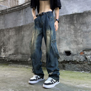 Retro Vintage Mens Jeans Loose Straight Leg Trendy Deconstructed Patchwork Wide Leg Workwear Pants High Street Style