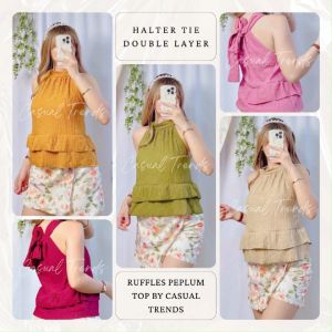 CASUAL TRENDS HALTER TIE DOUBLE LAYER RUFFLES PEPLUM TOP BARK CREPE FABRIC (SMALL TO SEMI LARGE)