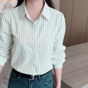 AMMIN 2025 Spring and Autumn new simple lapel fashion striped single breasted commuter chiffon shirt for women Korean style long sleeve elegant blouse