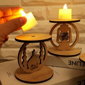 2025 Ramadan LED Electronic Candle Light Wooden Menorah Ornament Hollow Moon Castle Eid Mubarak Muslim Home Decoration