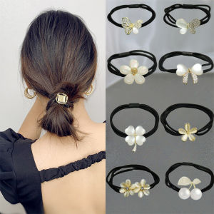 Cats Eye Stone Metal Head Rope Womens Four Leaf Grass Bow Flower Style Horsetail Hair Ring Three Layer Rubber Band Hair Rope