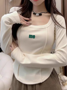 Pure Desire Long Sleeve Velvet T-Shirt Womens Short Fashionable Top Square Collar Spring Autumn Butterfly Pattern Commute