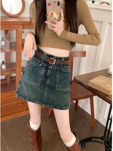 Spring 2025 High Waist A-Line Mini Skirt Womens Denim Shorts Skirts Anti-Light Walking Small Size Retro Style Commute Korean Version