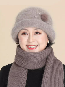 SHIPAILUO | Warm Fleece Winter Knit Hat For Women Elderly Warmth Comfortable Fisherman Bucket Cap Stylish Travel Suitable Soft Rabbit Fur Blend