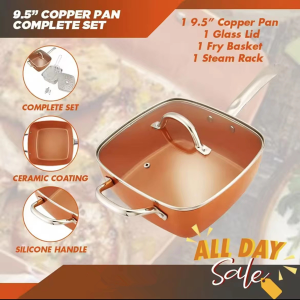 Non Stick Copper Pan Set | 5 Piece Set Square Casserole Pan | Multifunction Ceramic Coating & Induction Pan | Frying Steamer Sauté Baking Non Stick Pan | Durable Stainless Steel Ceramic Deep Square Copper Pan