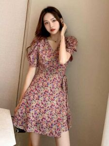 Summer 2024 Womens Slimming V-neck Floral Print One-piece Dress Korean Style Short Sleeve Gathered Waist Midi Skirt Dress