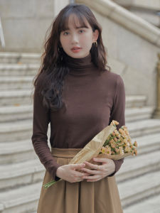 เสื้อตัวในสตรีคอสูงสีกาแฟสำหรับฤดูใบไม้ร่วงและฤดูหนาวเสื้อถักเข้ารูปบุขนกำมะหยี่เยอรมันสองด้านใส่ด้านในคอฮิปสำหรับฤดูใบไม้ร่วงและฤดูหนาว