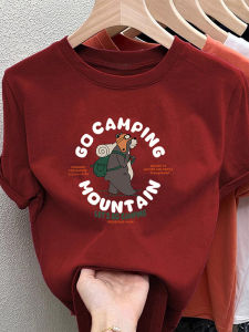 Summer 2025 Womens round Neck Short Sleeve T-Shirt Pure Cotton Loose Fit Korean Style Bear Print Trendy Top Versatile Casual Wear