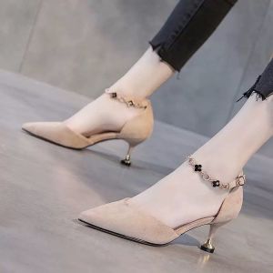 Giày Cao Gót Đế Bằng Đế Cao Su Màu Đen Cho Nữ Mùa Hè 2025 Giày Đơn Đế Mỏng Mũi Nhọn Khóa Cài Phong Cách Hàn Quốc