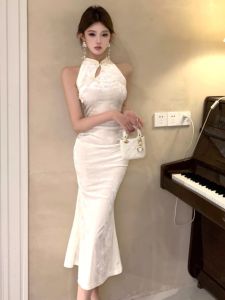 Fashionable New Chinese Style Sleeveless Dress Waist-Cinching Young Girl Retro Improved Slimming Long Velvet Dress for Women