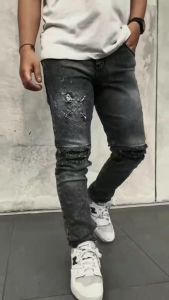 Celana Jeans Panjang Pria Sobek Ripped Elastis Sandwash Grey Exxo Slimfit Stretch Premium