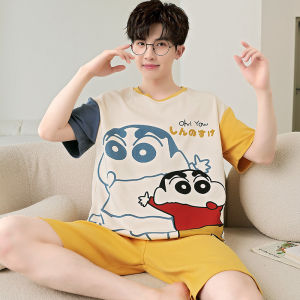 ชุดนอนผ้าฝ้ายแขนสั้นพิมพ์การ์ตูนสําหรับผู้ชาย สไตล์ฤดูร้อนสบายๆ สําหรับเยาวชน