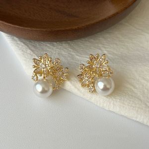 KAIROS 14k Gold Camellia Pearl and Zircon Clip-On Earrings Adjustable Coiled Ear Clips