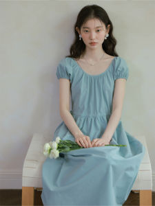 Elegant Blue A-Line Dress Summer Vacation Womens Fashion Design Sensation Casual U-Neck Short Sleeve X-Shape Beachwear