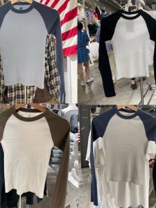 BM Official Website Raglan Color Matching Long Sleeves T-shirt BM Spring & Fall New Arrival Zhao Lusi Same Style All-Matching Slim Looking Can Be Outerwear Top