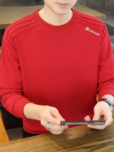 HENGYUANXIANG | Red Round Neck Long Sleeve Sweatshirt Mens Fashionable Urban Style Spring Autumn Top Comfortable Cotton Polyester Blend