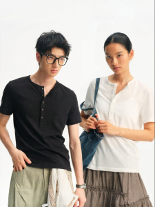 JNXS | Áo Thun Tay Ngắn Cổ Henley Pha Linen