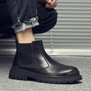 Mens High Top Chelsea Boots Martin Boots Thick Bottom Short Boots Winter Leather Easy Wear Black Retro Style Breathable Footwear