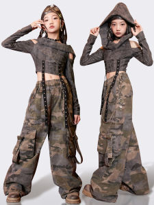 Fashionable Jazz Dance Outfit Set for Girls Child Street Dance Performance Clothes Cool Trendy School Uniform Gray Hollow out Dress