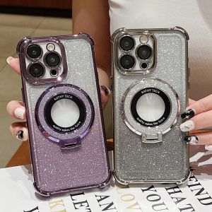 เคสโทรศัพท์ป้องกันชาร์จไร้สายสำหรับ iPhone 15 14 13 12 11 Pro Max 14 15 Plus อิเล็กโทรเพลทสุดสรูกากเพชรใสสี่มุมกันกระแทก