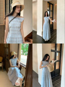 NIHAOKANONG | Đầm Dài Mùa Hè Không T Tay Xéo Asymmetric Màu Xanh