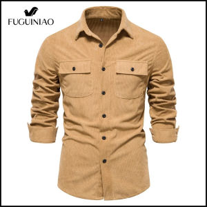 FUGUINIAO New Solid Color Shirt Corduroy Shirt for Men Business Casual Pocket Mens Shirt Thicken Autumn Men Shirt
