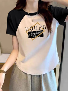 Summer Contrast Color Patchwork Short-Sleeved T-shirt Female Silm Slimming Inner Small Western Style Youthful-Looking Pure Cotton Shoulder Tops