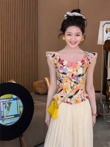 chaqi | Summer New Design Pure Desire Wind Spicy Girl Style Oil Painting Flower Fly Sleeve Vest Women Inner Match Top Fashionable Commute Style Print Casual Wear