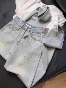 Quần Jeans Denim Ống Rộng Cạp Cao Phong Cách Retro Mỹ Cho Nữ Mùa Hè Quần Dài Thường Ngày Ôm Dáng Dáng Rộng