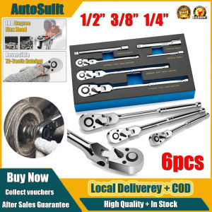 6PC Flex Head Ratchet Set 1/4" 3/8" 1/2" Drive | 180° Swivel Wrench with 72-Tooth & Extension Bar - Heavy Duty Tools for Pinoy Mechanics (Non-Slip Grip)