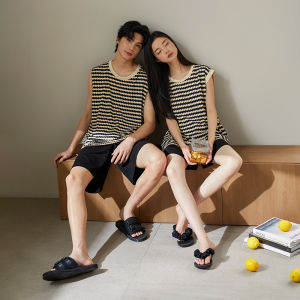 yuenei | Couples Summer Cotton Pajamas Casual Striped Sleeveless Home Clothes Mens Loose Fit Comfortable Breathable Pure Cotton Sleepwear