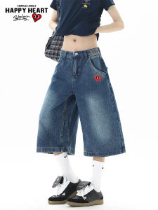 CHARLES JANGS HAPPY HEART | Heart Embroidery Retro Loose Denim Shorts