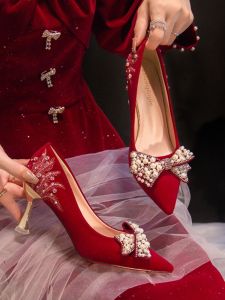 New 2025 Comfortable High Heels Chinese Style Show Heel Wedding Shoes for Women Short Drinking Ceremony Bride Shoes Fashionable